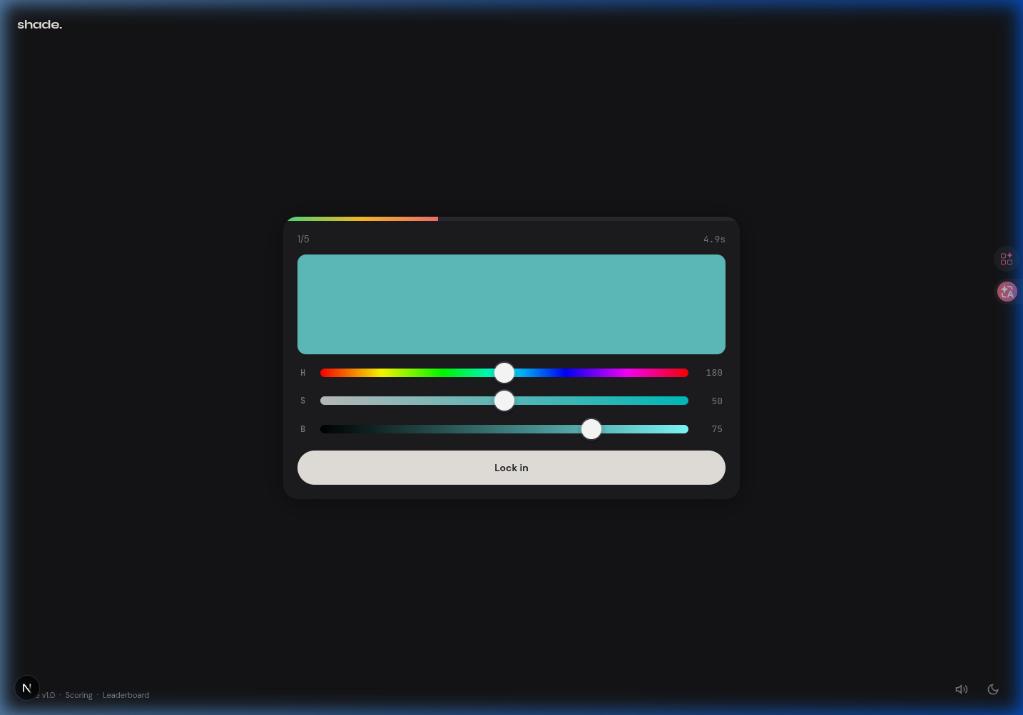 Dialed GG color game — HSB color picker interface with hue, saturation and brightness sliders
