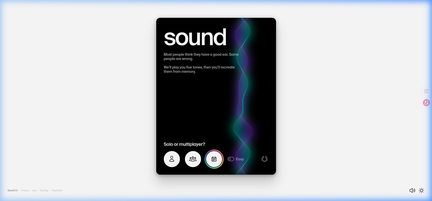 Dialed GG sound game — audio frequency matching interface with neon waveform visualization